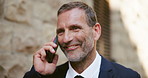 Phone call, communication and mature businessman walking in city with contact, negotiation or networking. Happy, professional and financial banker on mobile discussion for investment contract in town