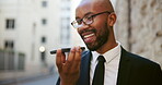 Phone call, speaker and smile with business black man in city for attorney, legal representative or communication. Lawyer, solicitor or contact with person outdoor for advocate and courtroom advisor