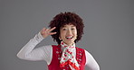 Woman, dancing and smile in studio with vintage style, face and excited for disco by background. Girl, person and laughing in portrait for party, fashion and retro event with costume in Costa Rica