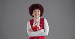 Face, fashion and happy woman with confidence in studio, vintage style and mockup space on gray background. Portrait, arms crossed and African person with trendy clothes, pride and retro outfit