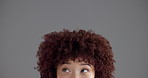 Thinking, mockup space and eyes of woman in studio with thinking, ideas or question for choice. Remember, decision and female person with planning, selection or why expression by gray background.