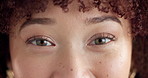 Face, eyelashes and woman with clear vision, closeup and natural cosmetics with optometry. Person, model and anti aging skincare with contact lenses, iris and microblading with optical care or beauty