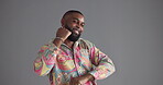 Happy, black man and dancing with music in studio for fun energy or hip hop on a gray background. Male person, model or dancer with smile or vibe for motion or funky moves in joy on mockup space