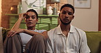 Frustrated couple, ignore or sofa with fight for toxic relationship, argument or disagreement at home. Man, woman or upset with stress for cheating affair, confession or mistake on couch at house