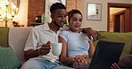 Streaming, chilling and couple with laptop, home and bonding with entertainment, watching or lounge. Apartment, man and woman with tech for film, coffee and browsing on web for date, online and house