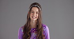 Face, fashion and woman in studio, funny and confident personality on grey background. Portrait, happy person and model with vintage clothes, mockup space and humor with retro outfit and laughing