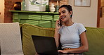 Smile, woman and talk with phone call at house for discussion, financial report and payment advice. Person, laptop and communication for mortgage contact, loan feedback and application for insurance