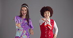 Studio, women and face of friends for dancing, cool vibe and bonding together with movement for music. Mockup space, people and dancers in portrait for party energy, rhythm and pop by gray background