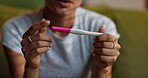 Hands, woman and nervous with pregnancy test in house, anxiety or waiting for fertility results. Impatient, scared or fear for infertility risk, pregnant issues or person with stick for maternity