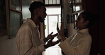 Couple, hallway and frustrated with conflict, stress and drama at home or apartment. Argument, woman and man with fight, angry and anxiety with toxic marriage and mistake or crisis with partner