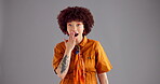 Studio, excited and face of woman for shock, announcement and emotion with happiness for winning. Mockup space, African female person and portrait with surprise for good news, wow and gray background
