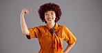 Face, dancing and woman in studio, freedom and energy with mockup space, joyful and fashion. Portrait, happy person or model with movement, carefree and positivity with confident personality or smile