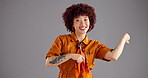Face, dancing and woman in studio, energy and talent with mockup space, freedom and fashion. Portrait, happy person and model with mindset, carefree and positivity with confident personality or music