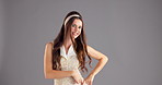 Face, dancing and woman in studio, smile and energy with mockup space, freedom and fashion. Portrait, happy person and model with mindset, carefree and positivity with confident personality or joyful