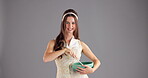 Face, pot and wooden spoon with woman in studio for cooking, meal preparation or wellness. Cuisine, nutrition and stirring with happy chef isolated on gray background for diet, ingredients or recipe