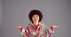 Woman, face and decision with choice in advertising or marketing on grey studio background. Portrait, female person and hands out for question, selection and choose or pick opinion on mockup space