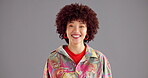 Studio, woman and face with laughing for fashion, vintage style and happy model with confidence. Mockup space, African person and portrait with pride for retro clothes, trendy and gray background