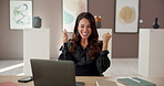 Happy woman, art director and winning with laptop for deal, sale or online auction at exhibit. Female person, auctioneer or seller with smile in celebration on computer for success at artist gallery