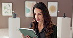 Business, manager and typing with tablet at art gallery for showcase planning, exhibition curating and email artist. Creative, woman and digital app with ideas for website update and expo inspiration