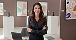 Face, art director and woman with arms crossed, office and ambition for exhibition, curator and tech. Museum, conservator and mature person with smile for project, proud and career growth in Canada