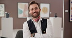 Face, man and smile with pride at gallery for art collection, artwork exhibition and curator career. Portrait, person and arms crossed for creative catalog, sales consultant and about us for showcase