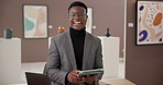 Art, tablet and face of black man at exhibition with confidence, culture and creative business online. Gallery, sales agent and curator on digital app at presentation, auction or showroom with smile