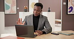Office, black man and art director with laptop for video call, wave or schedule for exhibition. Museum, business person or curator with tech for talking, gallery project or hello for virtual meeting