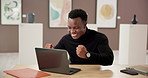 Happy man, art director or winning with laptop for deal, sale or online auction at exhibit. Male person, auctioneer or excited seller with smile, celebration or computer for success at artist gallery