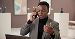 Art, phone call and black man at gallery with discussion, culture and networking for creative business. Exhibition, critic or curator on mobile at studio, auction or showroom with communication