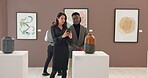 Art, phone and photography with people in gallery for museum sculpture, exhibition and artwork collection. Gala expo, inspiration and auction catalog with woman and client for picture and event