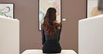 Art, painting and back of woman in gallery for museum curator, exhibition and artwork collection. Gala expo, inspiration and auction catalog with person and frame for culture, event and display