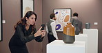 Vase, phone and photography with woman in gallery for museum sculpture, exhibition and artwork collection. Gala expo, inspiration and auction catalog with person and picture for memory and event