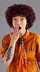 Face, wow and happy woman with surprise in studio for fashion sale on gray background. African person, portrait and shock with gasp for amazing deal, announcement and omg for good news with winner