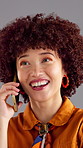 Phone call, happy and woman in studio with communication, connectivity or contact with update. Smile, cellphone and female person on mobile conversation for catch up with talking by gray background.