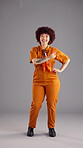 Woman, retro and face with dancing in studio for groovy disco, vintage party and energy with pride. Mockup, person and batusi movement with rhythm, trendy fashion and confidence on gray background