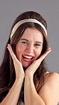Face, fashion and woman with smile, frame and confident with vintage outfit for nostalgia and studio. Gray background, fun and person with old school style, peace sign and retro clothes in Canada