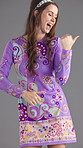 Dancer, funky and fashion with smile with woman in studio for retro style, groovy vibe and bohemian culture. Paisley dress, indie aesthetic and disco music with person on gray background for energy