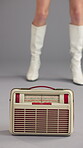 Closeup, radio and vintage with woman and dance in studio for retro style, funky vibe and bohemian fashion. Groovy streaming, indie aesthetic and disco music with person on gray background for sound