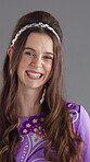 Studio, retro and woman with fashion, confident and smile with old school style, outfit and happiness. Gray background, unique and person with pride for vintage clothes, positive attitude and USA