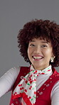 Face, woman and dance for retro fashion, happiness and confidence with groovy movement on gray background. Smile, portrait and African person with afro, vintage style or funky energy in studio
