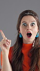Woman, retro and thinking face with aha in studio for lightbulb moment, insight and surprised by solution. Vintage fashion, girl and thoughtful on gray background with problem solving, eureka and wow