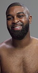 Studio, black man and face with wellness for skincare, grooming and beauty with cosmetics treatment. Portrait, male person and model glow with dermatology for self care, hygiene and gray background