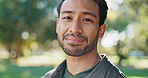 Fitness, runner and face of man stretching in nature for warm up, workout and wellness outdoor. Exercise, training and happy male athlete at park ready for challenge, healthy lifestyle or running