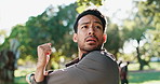Stretching, fitness and man in park in morning for exercise, training and workout for wellness. Runner, sports and person warm up outdoor for performance, running and active for health in nature