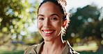 Face, break or happy woman in park for running, fitness training or exercise health. Confident, portrait or female athlete runner with smile in nature for workout practice, outdoor jog and sports