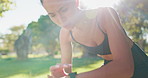 Nature, woman and tired with smart watch for fitness, workout and time for wellness performance. Outdoor, female person and runner with rest for clock, exercise results and check with breathing
