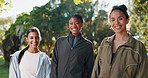Exercise, face and smile of women at park together for cardio training or workout in summer. Diversity, fitness and health with happy group of friends outdoor for challenge, performance or running