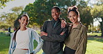 Face, fitness and diversity with women at park together for cardio training or workout in summer. Exercise, health and smile of happy group of friends outdoor for challenge, performance or running