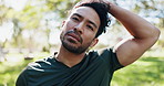 Nature, fitness and man stretching for running, workout or training in morning with flexibility. Outdoor, sports and male athlete with neck warm up for cardio exercise with performance in park.