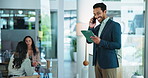 Phone call, happy or businessman in finance with tablet for accounting, economy update or budget report. Smile, check or financial advisor talking with advice for portfolio, research or investment
